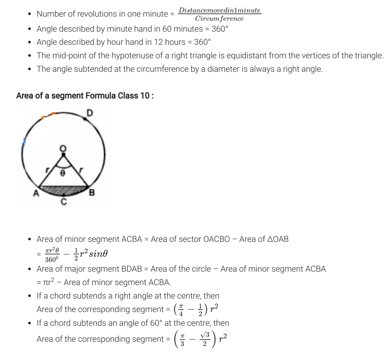 Class 10 Maths Formulae Area Related To Circle For Cbse