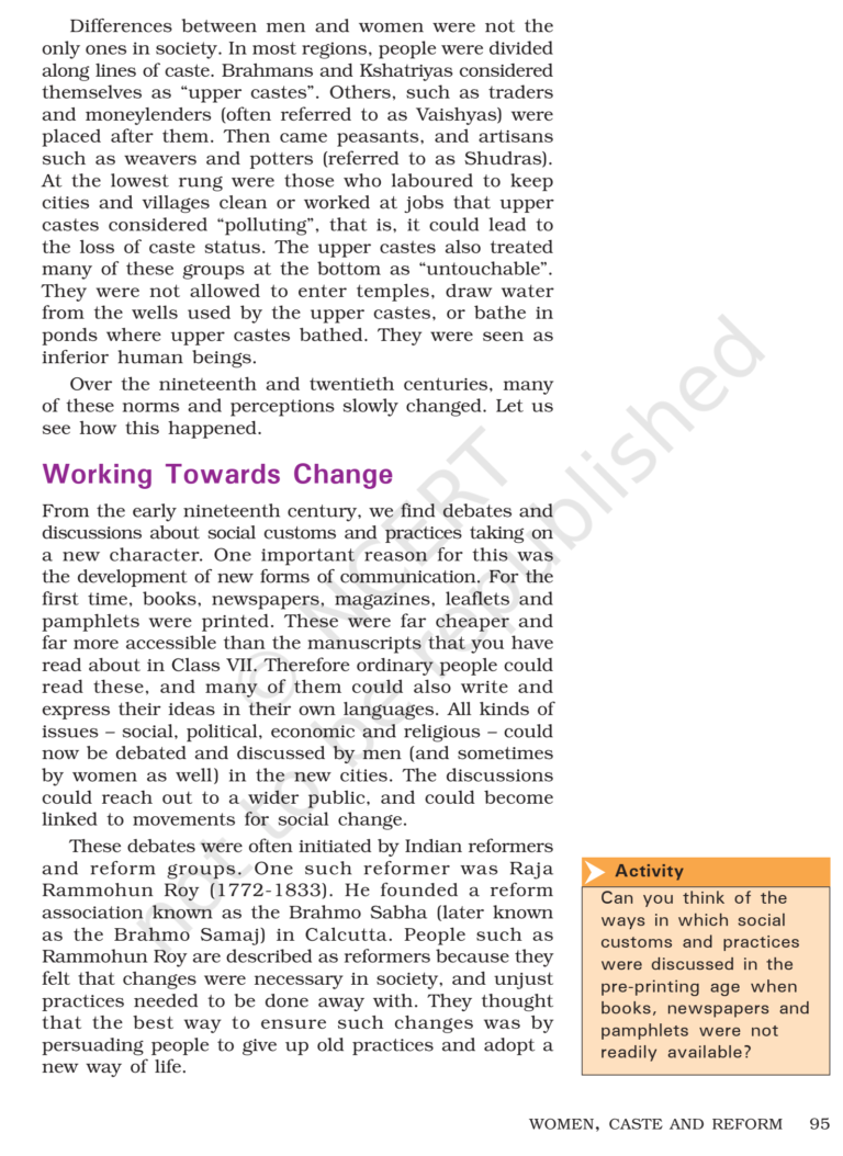 Ncert Book Class History Chapter Women Caste And Reform