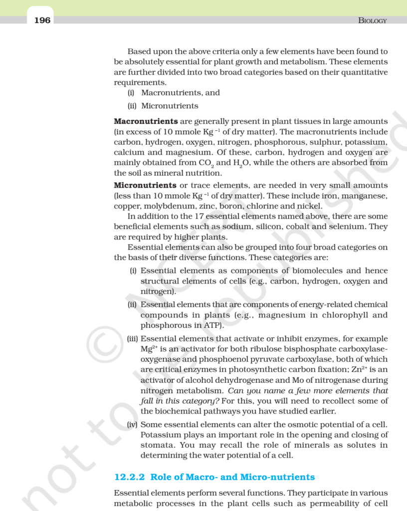 NCERT Book Class 11 (Biology) Chapter 12 Mineral Nutrition