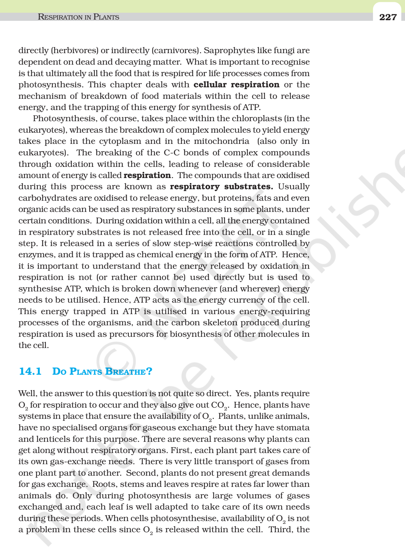 NCERT Book Class 11 (Biology) Chapter 14 Respiration In Plants