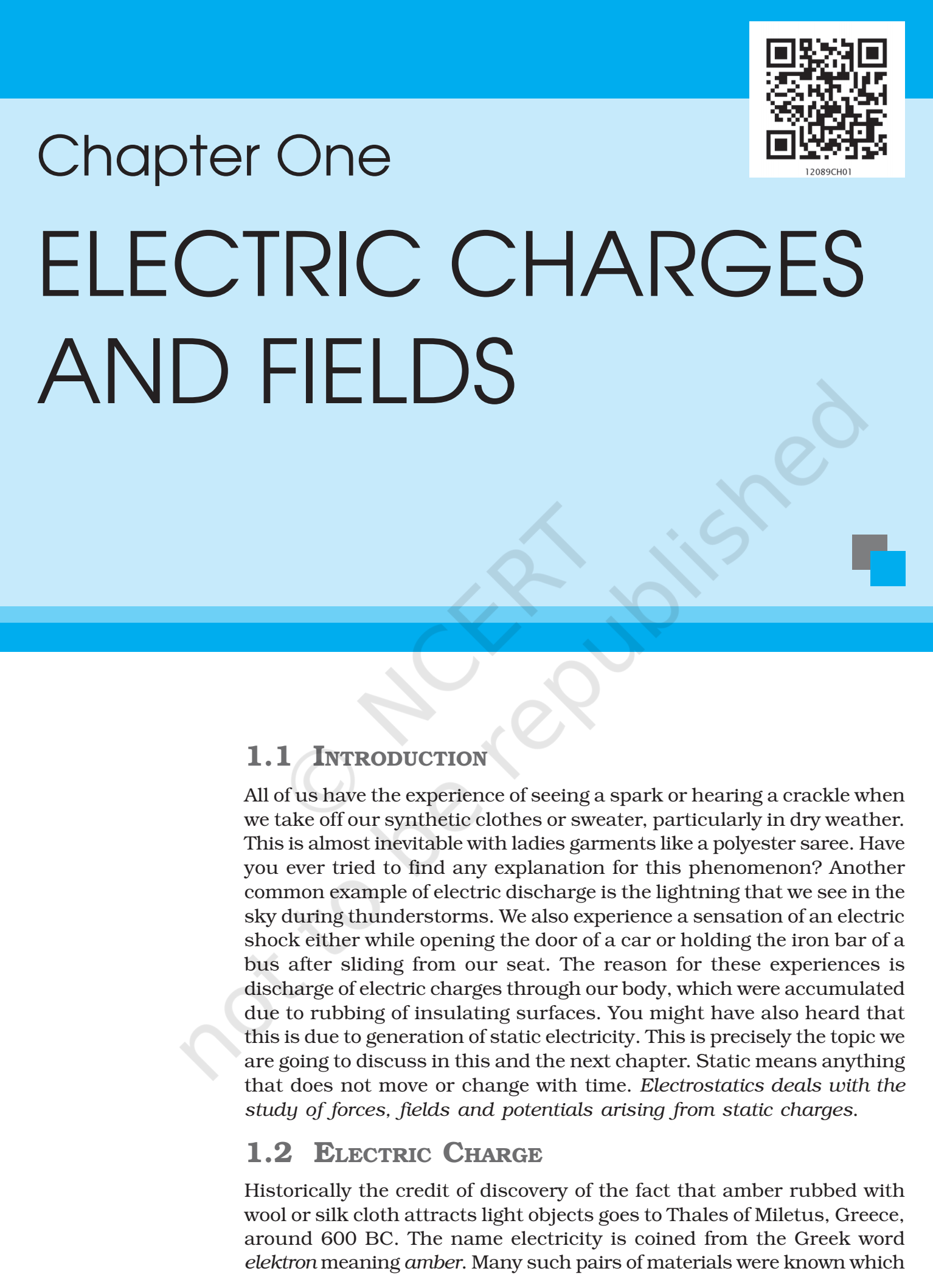 NCERT Book Class 12 (Physics) Chapter 1 Electric Charges And Fields