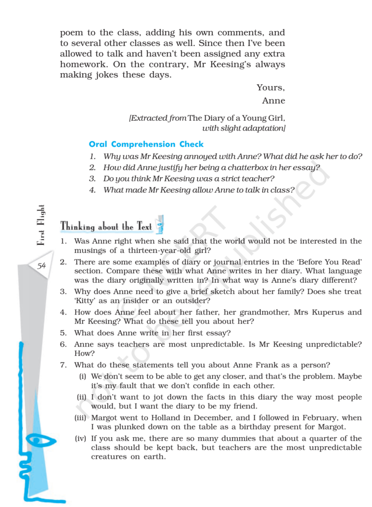 NCERT Book Class 10 (English) Chapter 4 From the Diary of Anne Frank