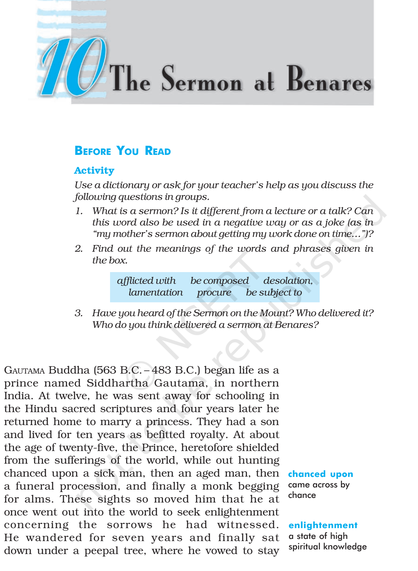 ncert class 10 english chapter 8 the sermon at benares question answer