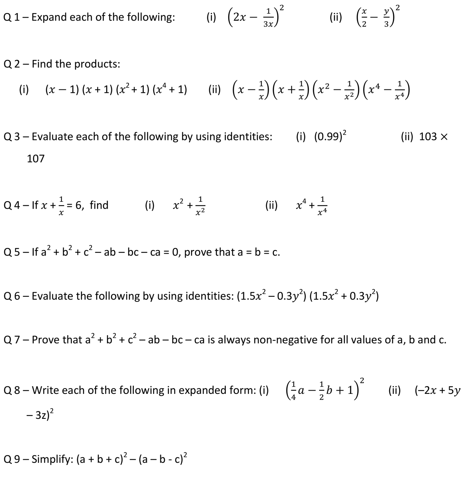 Algebraic Identities For Class 9 Important Question