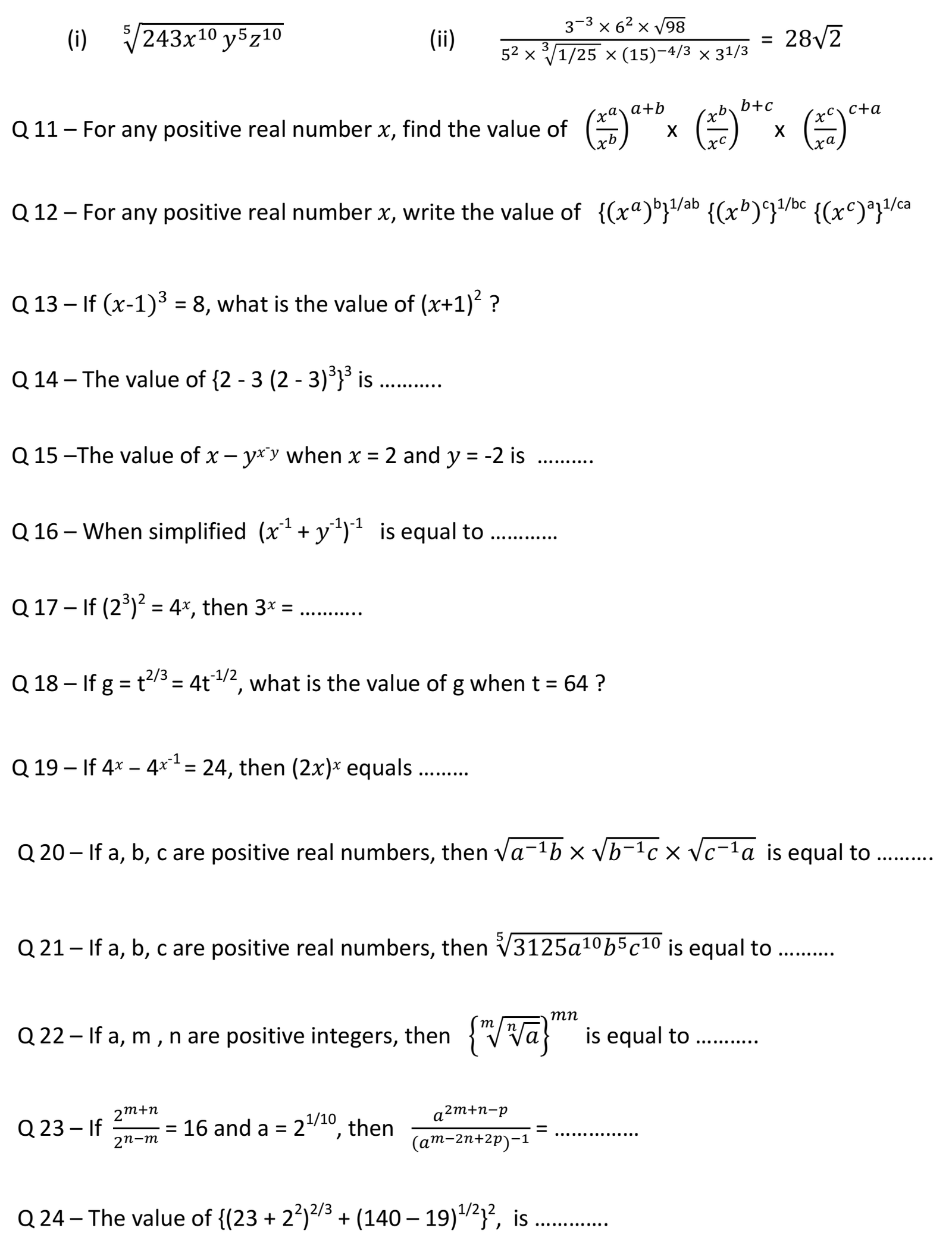 Exponents Of Real Numbers For Class 9 Important Question 4332