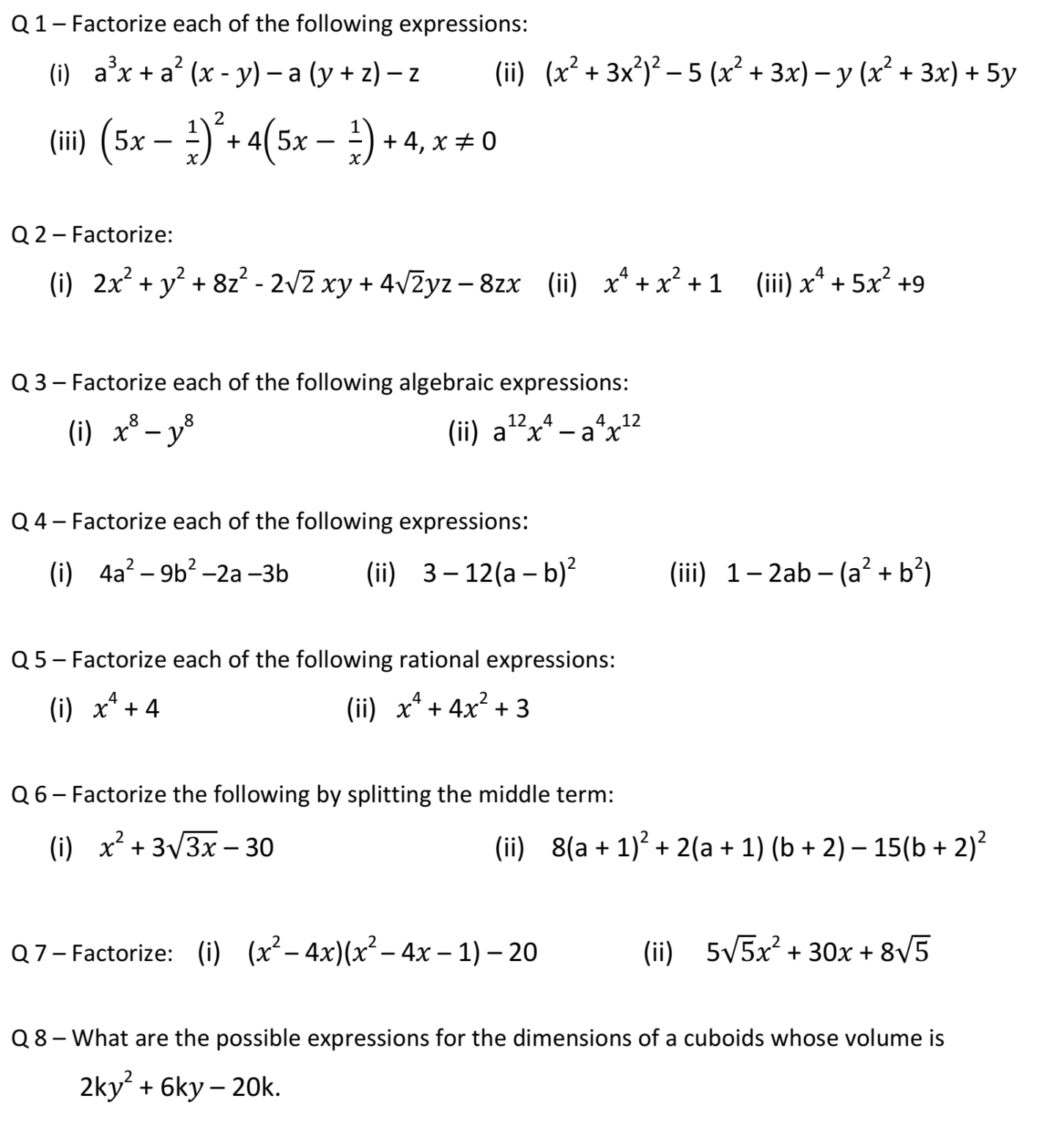 Factorization of Algebraic Expressions For Class 9 Important Question