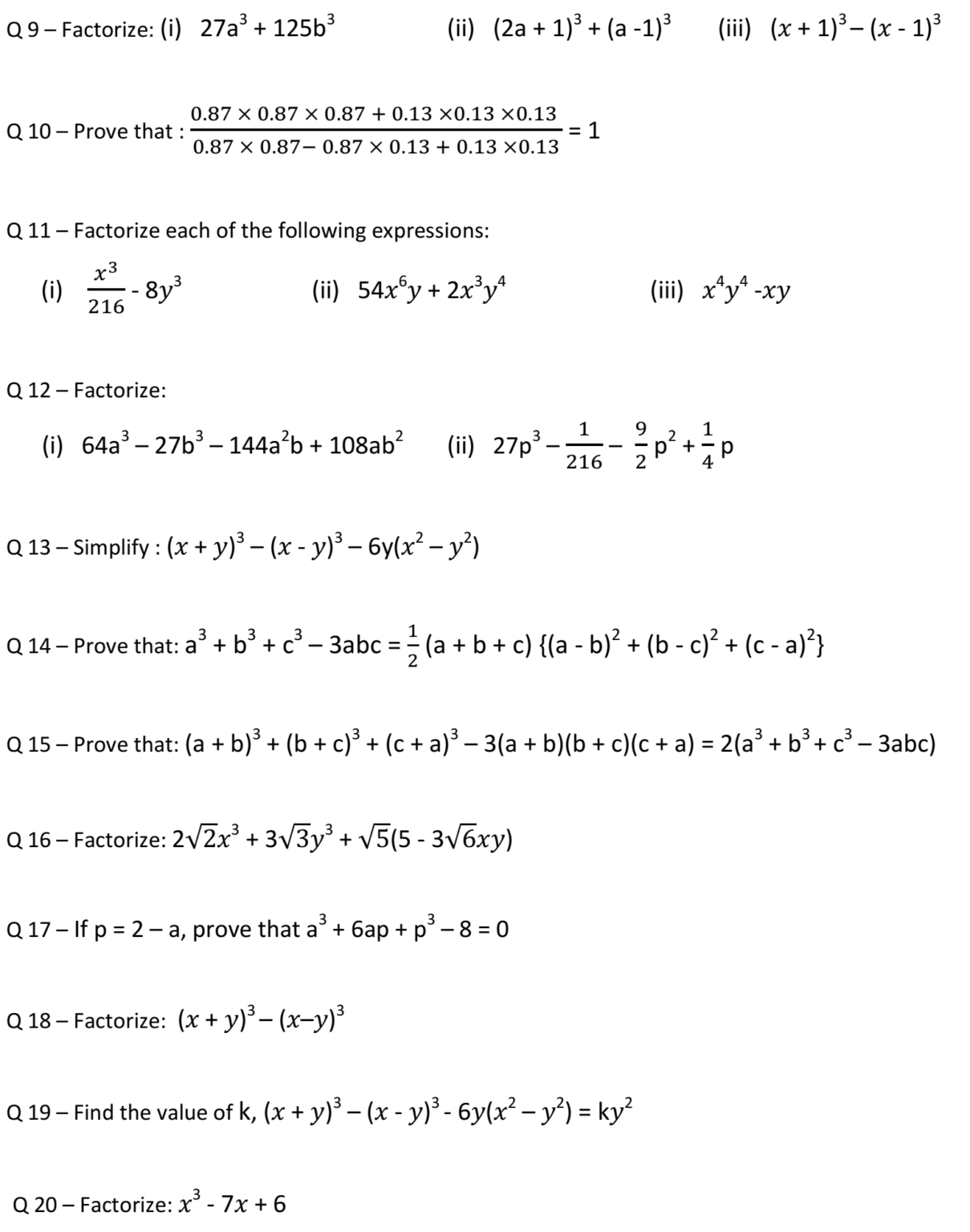 Factorization of Algebraic Expressions For Class 9 Important Question