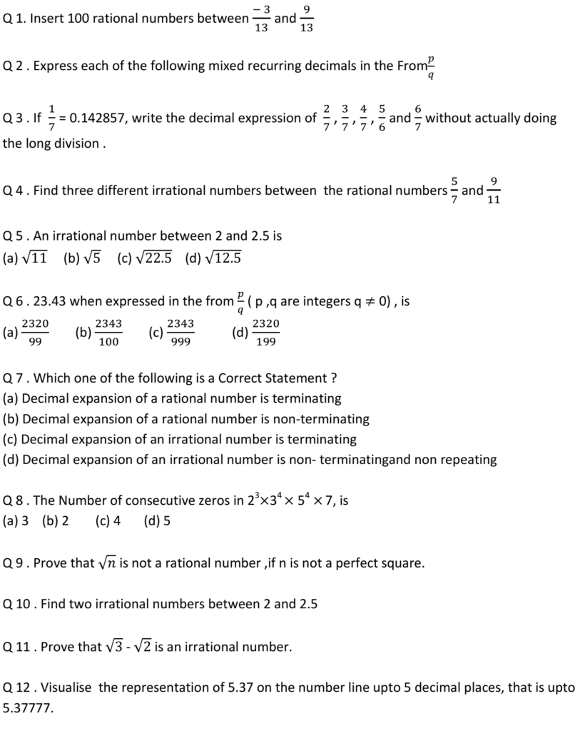 maths assignment for class 9 number system